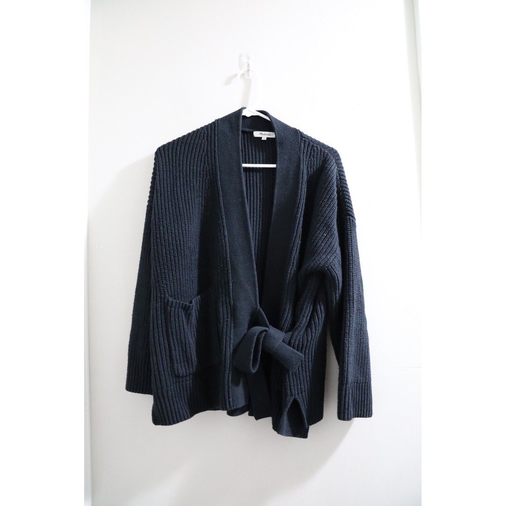 Madewell Black Ribbed Knit Tie Waist‎ Cardigan Sweater XS
